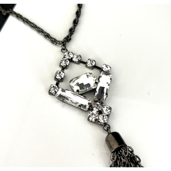 New Boutique Necklace Clear Stones Tassel Hematite Tone Women's 1L - Picture 4 of 10